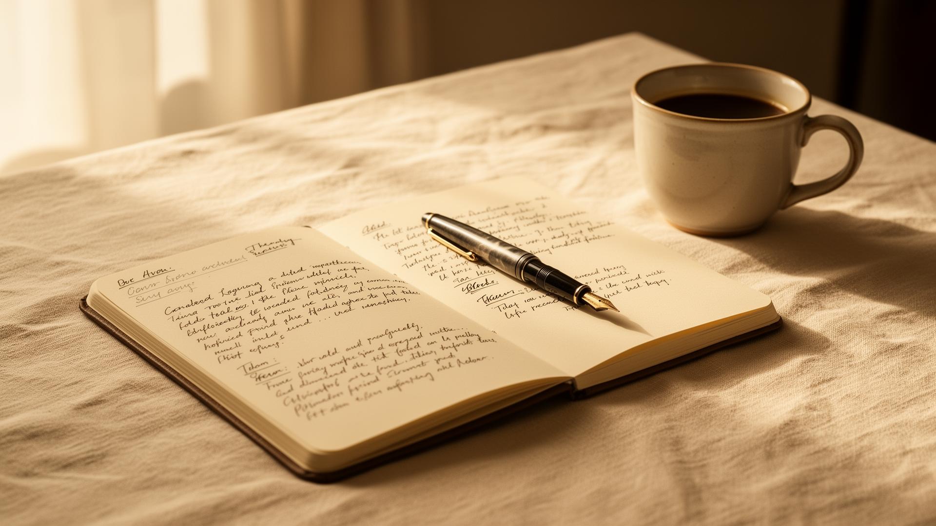 A quiet study moment — notebook, pen and coffee